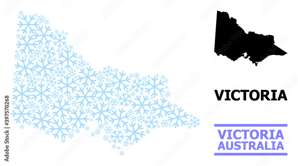 Vector mosaic map of Australian Victoria constructed for New Year, Christmas celebration, and winter. Mosaic map of Australian Victoria is constructed with light blue snow items.