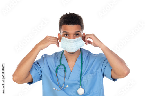 Latin doctor with mask in times of coronavirus isolated