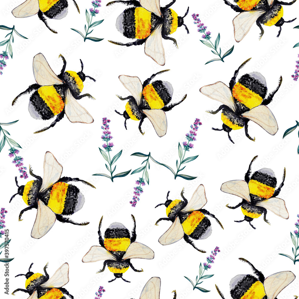 Watercolor seamless pattern of bee, lavender flower.
