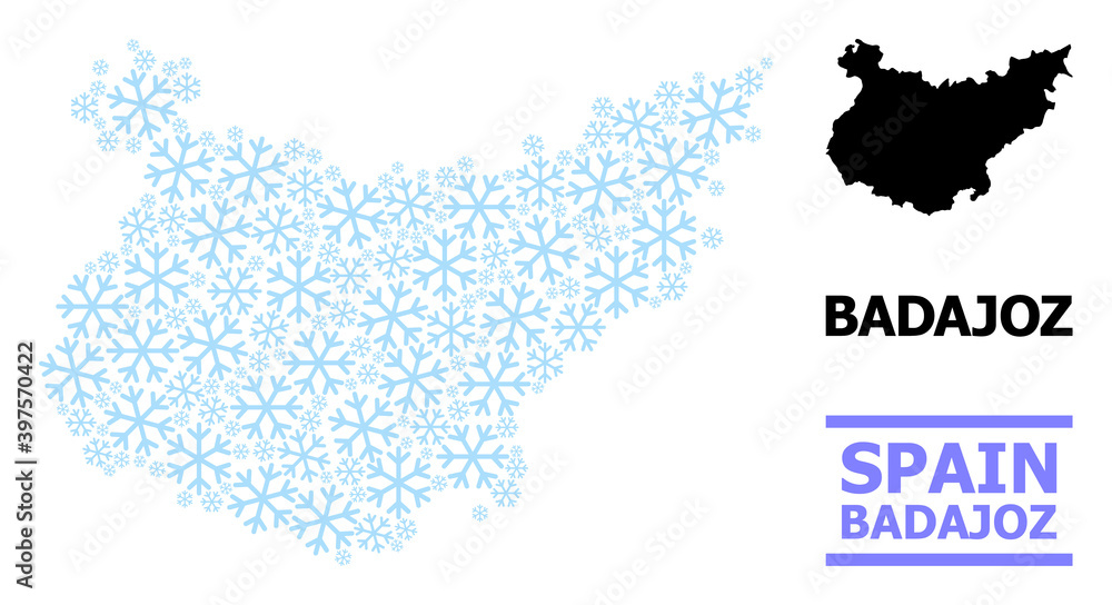 Vector composition map of Badajoz Province designed for New Year, Christmas celebration, and winter. Mosaic map of Badajoz Province is created of light blue snow items.