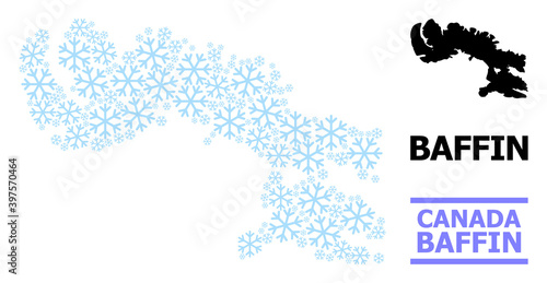 Vector mosaic map of Baffin Island created for New Year, Christmas celebration, and winter. Mosaic map of Baffin Island is organized with light blue snow items.
