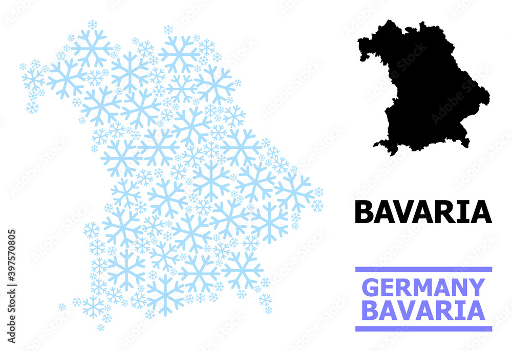 Vector mosaic map of Bavaria State created for New Year, Christmas celebration, and winter. Mosaic map of Bavaria State is composed of light blue snow items.