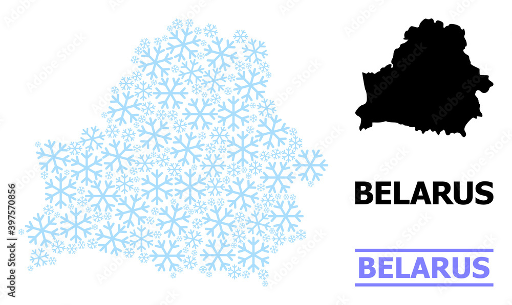 Vector mosaic map of Belarus created for New Year, Christmas celebration, and winter. Mosaic map of Belarus is formed of light blue ice crystals. Design elements for political and New Year posters.