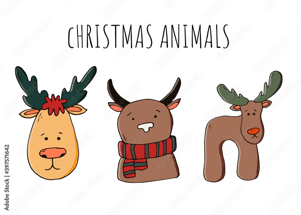 Christmas animals set, handdrawn vector illustration. Elements for greeting cards and postcards.