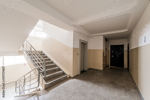 Russia, Moscow- April 17, 2020: interior public place, house entrance. doors, walls, staircase corridors, stairs, steps © evgeniykleymenov