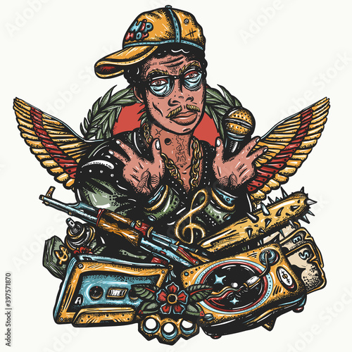 Hip hop man. Rap battle art. Cool rapper in baseball cap, guns, audio type. Gangster from ghetto. African American teenager musician, portrait. Street music culture. Tattoo and t-shirt design