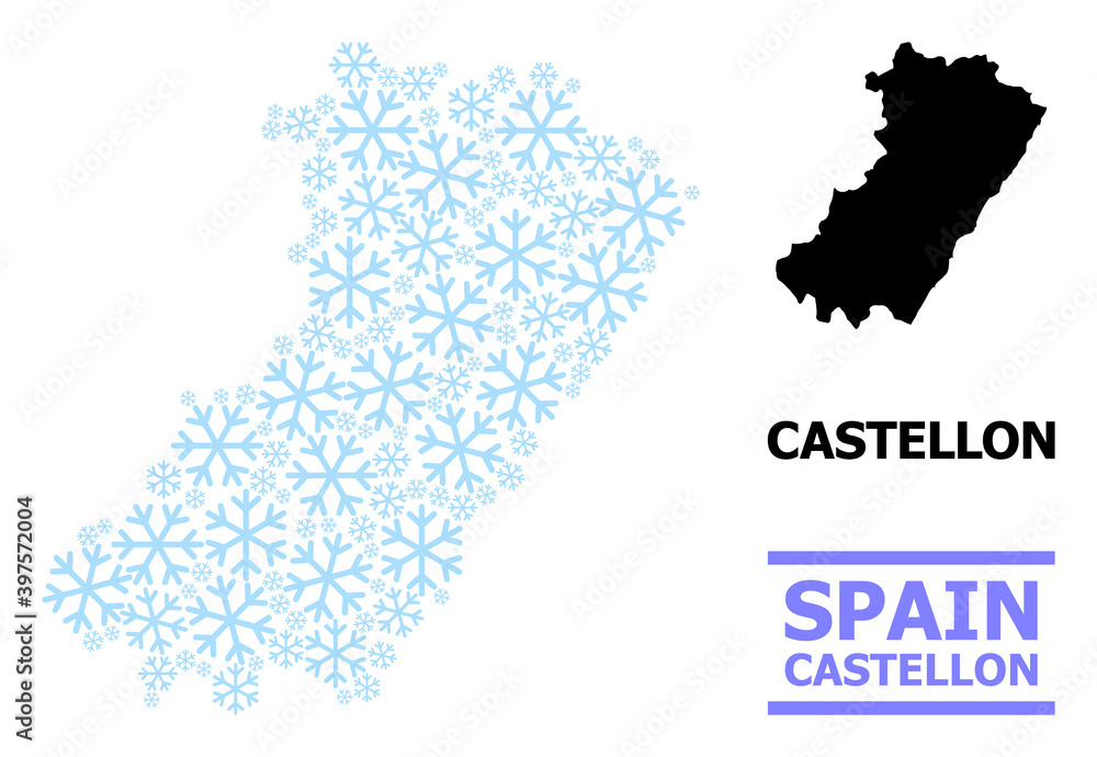 Vector mosaic map of Castellon Province constructed for New Year, Christmas celebration, and winter. Mosaic map of Castellon Province is made of light blue snow items.