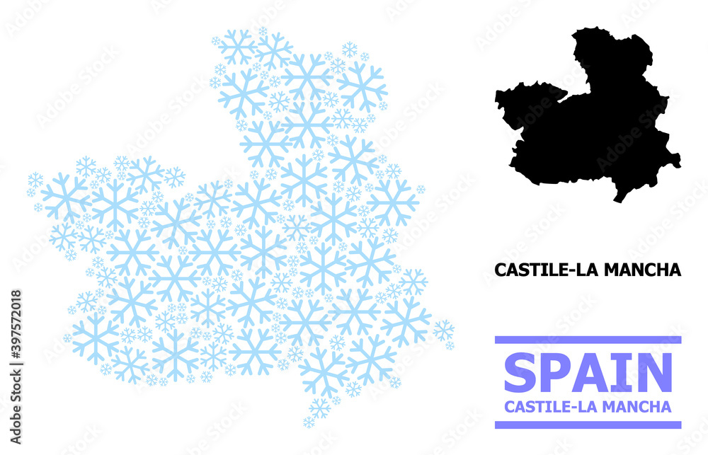Vector mosaic map of Castile-La Mancha Province combined for New Year, Christmas celebration, and winter. Mosaic map of Castile-La Mancha Province is made of light blue snow.