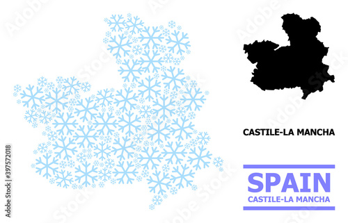 Vector mosaic map of Castile-La Mancha Province combined for New Year  Christmas celebration  and winter. Mosaic map of Castile-La Mancha Province is made of light blue snow.