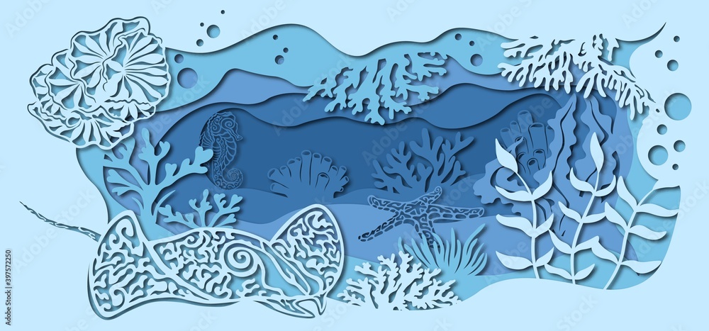 fauna with marine animals. template for making a lamp or postcard. vector image for laser cutting and plotter printing.