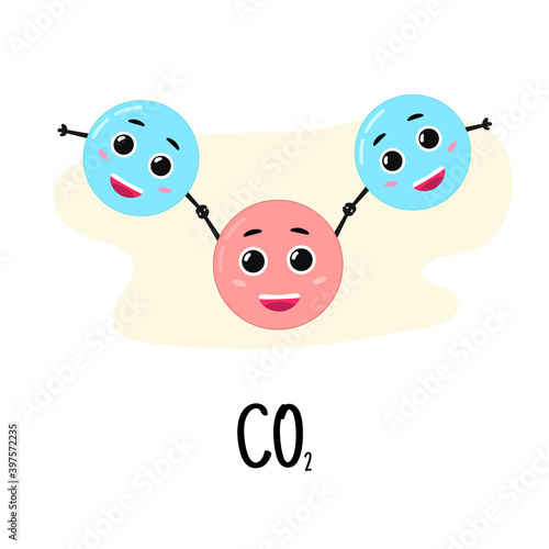 Structure of carbon dioxide molecule. Cartoon character. Study of chemistry. Vector illustration.