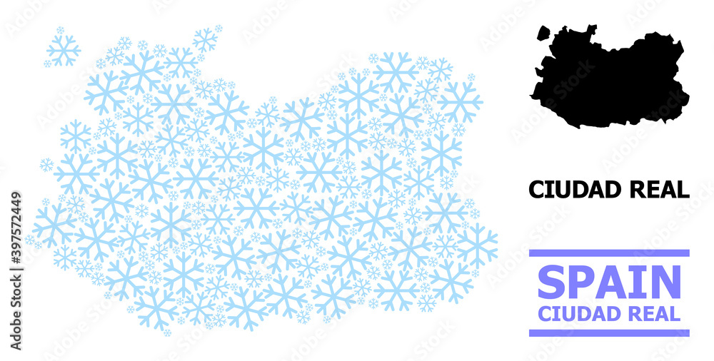 Fototapeta premium Vector composition map of Ciudad Real Province designed for New Year, Christmas celebration, and winter. Mosaic map of Ciudad Real Province is designed with light blue snow flakes.