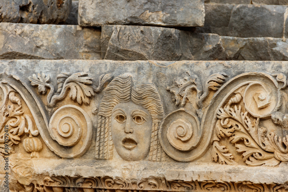 Stone faces in the ancient city of Myra in Demre, Antalya province in Turkey