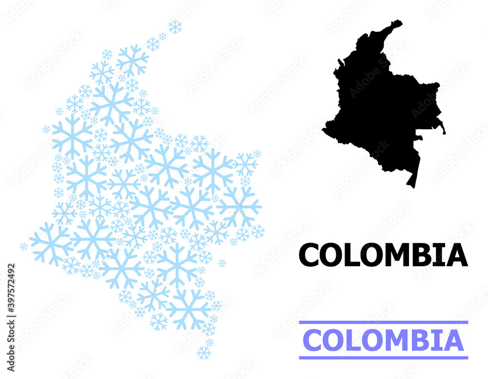 Vector mosaic map of Colombia combined for New Year, Christmas celebration, and winter. Mosaic map of Colombia is made of light blue snow items.