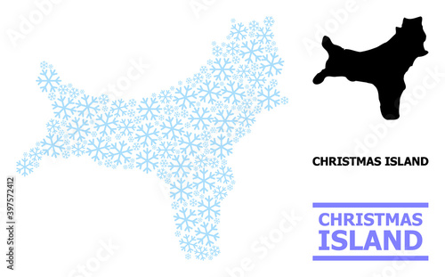 Vector mosaic map of Christmas Island created for New Year  Christmas celebration  and winter. Mosaic map of Christmas Island is created with light blue snow items.