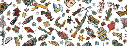 Pop culture background. Old school tattoo elements, seamless pattern