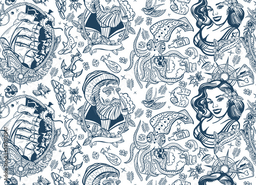 Marine background. Funny underwater monster. Sea wolf captain, octopus kraken, pirate ship and sailor girl. Nautical art. Sea adventure vintage seamless pattern. Old school tattoo style