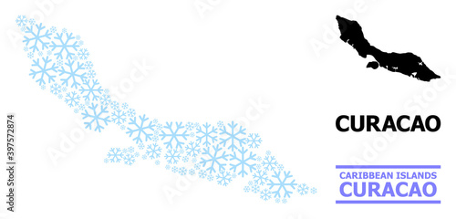 Vector mosaic map of Curacao Island created for New Year, Christmas celebration, and winter. Mosaic map of Curacao Island is organized with light blue snow.