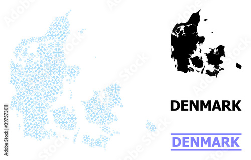 Vector mosaic map of Denmark organized for New Year  Christmas celebration  and winter. Mosaic map of Denmark is shaped with light blue snow items. Design template for political and New Year projects.