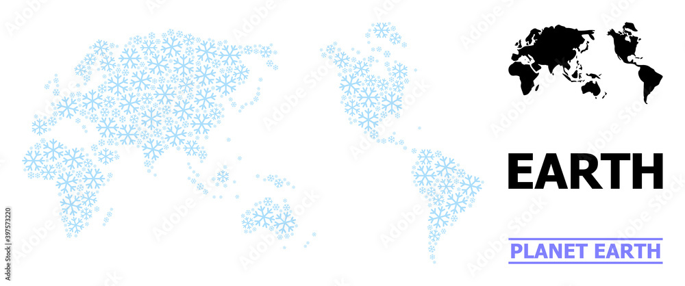 Vector mosaic map of Earth constructed for New Year, Christmas celebration, and winter. Mosaic map of Earth is formed with light blue snow parts.