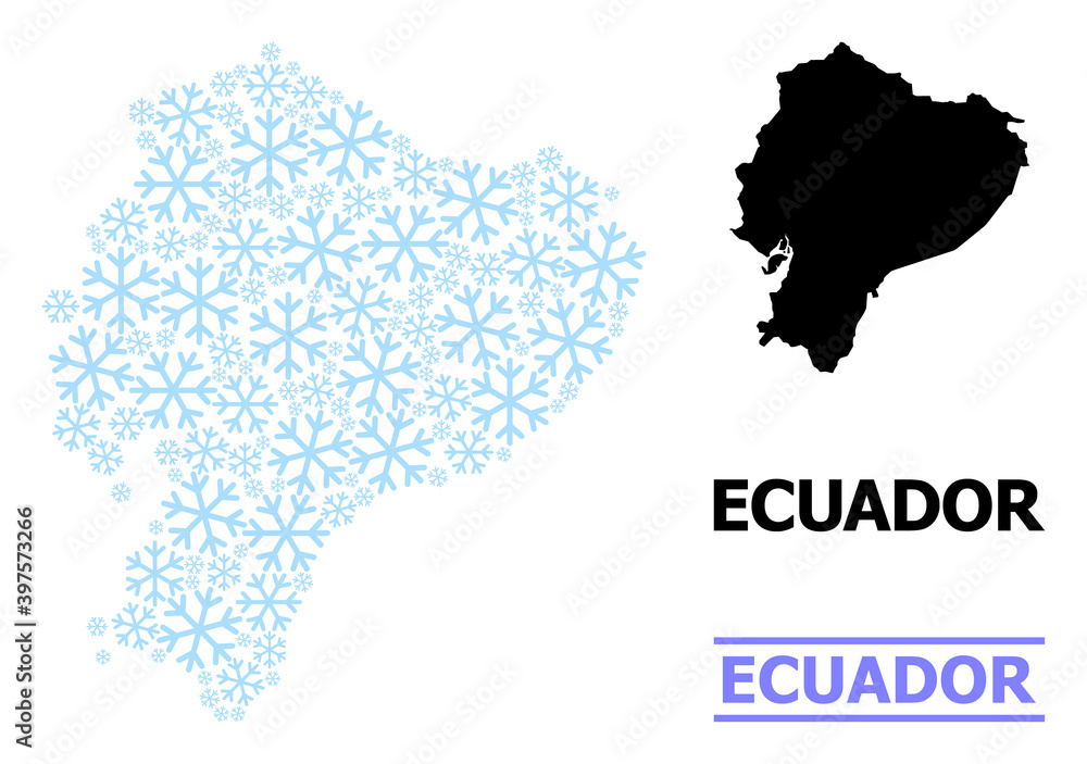 Vector mosaic map of Ecuador designed for New Year, Christmas celebration, and winter. Mosaic map of Ecuador is composed from light blue snow icons.