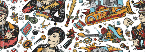 Punk and rock music lifestyle. Hooligans. Anarchy art. Musical background. Street art. Seamless pattern. Punker with mohawk, electric guitar, rock woman