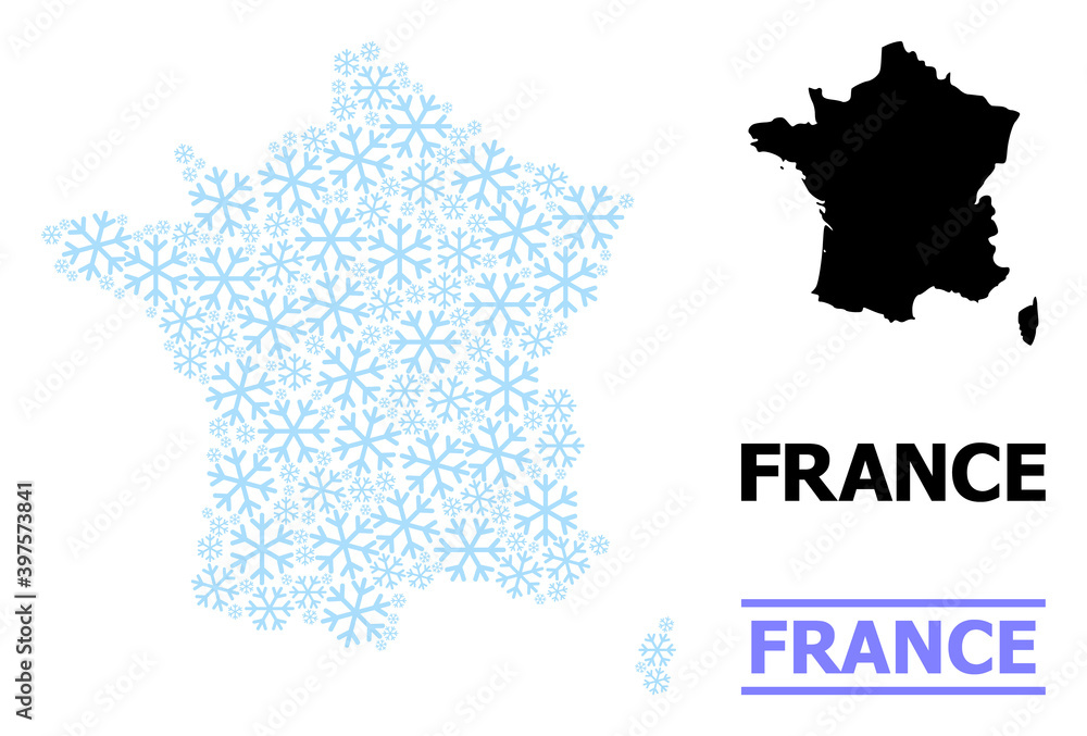 Fototapeta premium Vector mosaic map of France constructed for New Year, Christmas celebration, and winter. Mosaic map of France is constructed from light blue ice crystals.