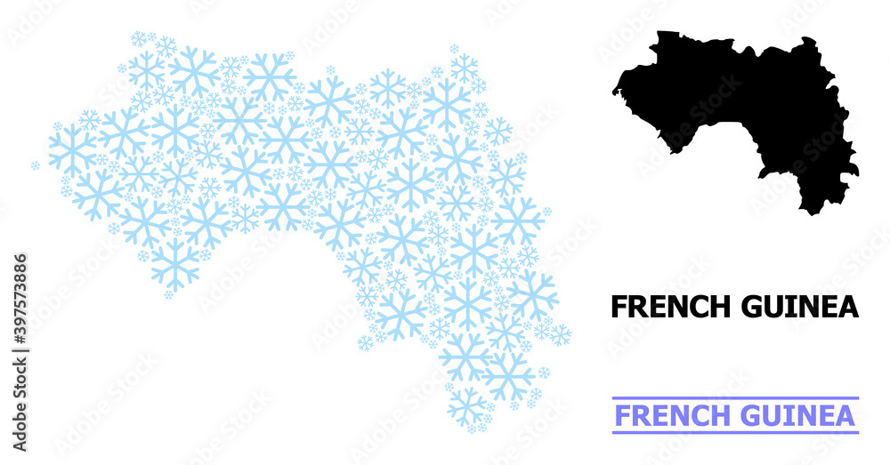 Vector mosaic map of French Guinea constructed for New Year, Christmas celebration, and winter. Mosaic map of French Guinea is designed of light blue ice crystals.