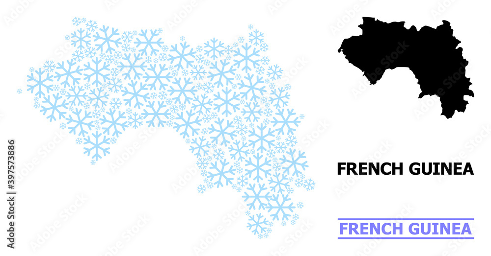Obraz premium Vector mosaic map of French Guinea constructed for New Year, Christmas celebration, and winter. Mosaic map of French Guinea is designed of light blue ice crystals.