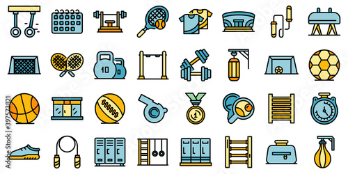 School gym icons set. Outline set of school gym vector icons thin line color flat on white