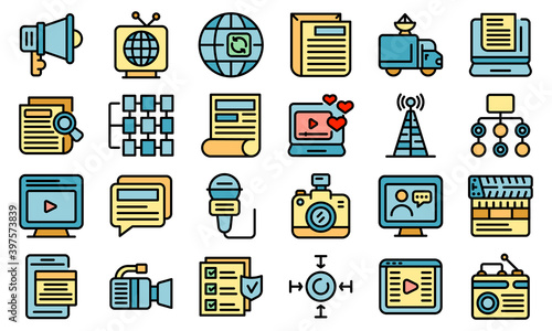 Actualization icons set. Outline set of actualization vector icons thin line color flat on white