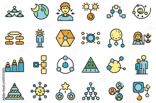 Hierarchy icons set. Outline set of hierarchy vector icons thin line color flat on white