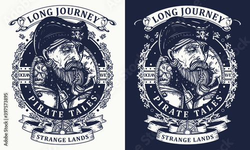Old pirate captain smocking pipe. Elderly sea wolf, parrot, compass, rope, wave, swallows and black cats. Old school tattoo style. Marine t-shirt art. Symbol of ocean adventure, treasure island