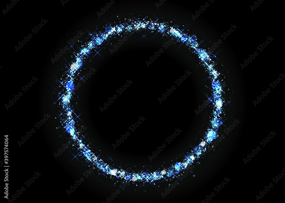 Blue circle with sparkles and free space in center isolated on black background. Rotating blue light shiny with sparkles, Suitable for product advertising, product design, and other. Vector data. Blue circle with sparkles and free space in center isolated on black background. Rotating blue light shiny with sparkles, Suitable for product advertising, product design, and other. Vector data.