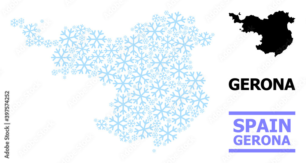Obraz premium Vector mosaic map of Gerona Province created for New Year, Christmas celebration, and winter. Mosaic map of Gerona Province is created from light blue snow.