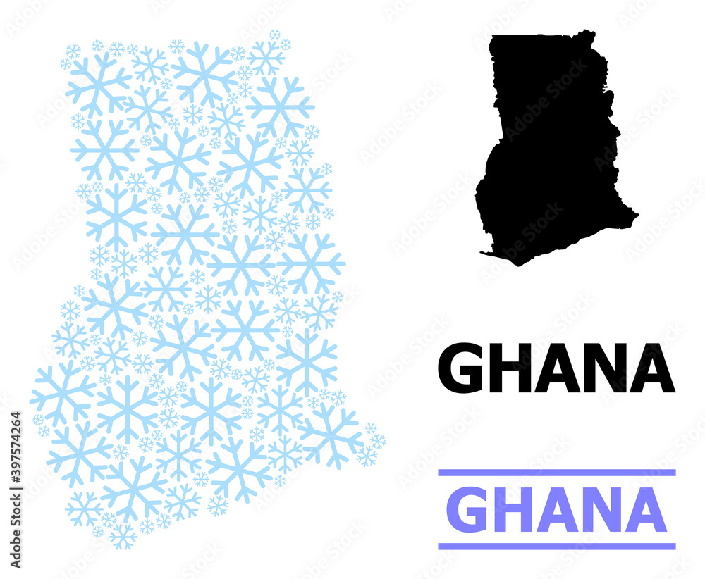 Vector mosaic map of Ghana created for New Year, Christmas celebration, and winter. Mosaic map of Ghana is shaped from light blue snow items. Design template for patriotic and New Year applications.