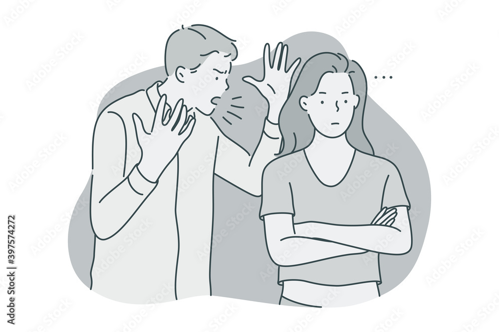 Misunderstanding, quarrelling, fighting concept. Young unhappy couple fighting with each other, screaming and listening to complaints of partner feeling depressed and angry illustration Misunderstanding, quarrelling, fighting concept. Young unhappy couple fighting with each other, screaming and listening to complaints of partner feeling depressed and angry illustration
