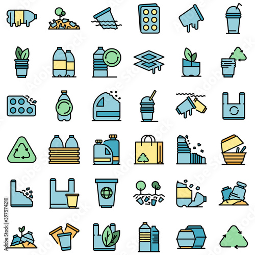 Biodegradable plastic icons set. Outline set of biodegradable plastic vector icons thin line color flat on white