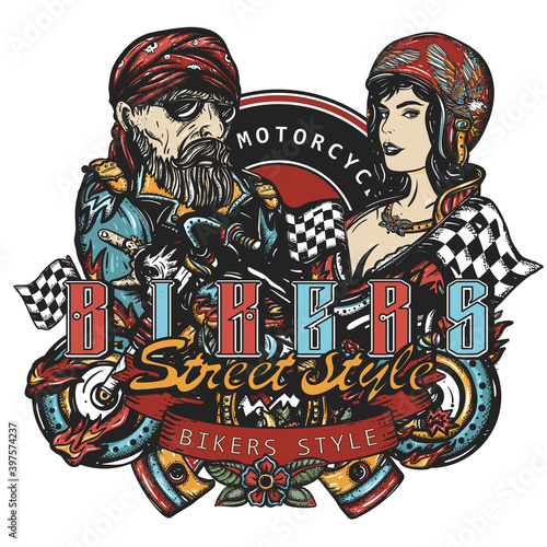 Bikers. Street style slogan. Road racers art. Tattoo and t-shirt design. Bearded biker man, burning motorcycle, rider sport moto woman, female motorcyclist