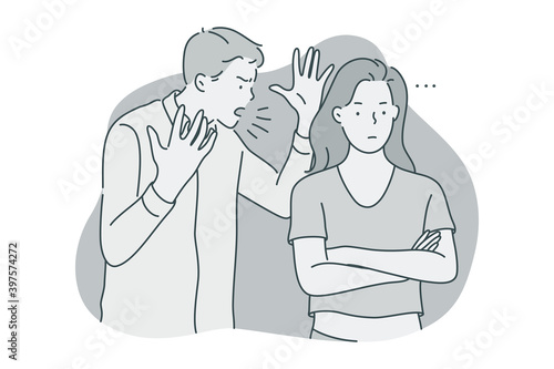 Misunderstanding, quarrelling, fighting concept. Young unhappy couple fighting with each other, screaming and listening to complaints of partner feeling depressed and angry illustration