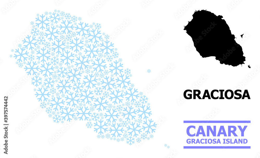 Vector collage map of Graciosa Island done for New Year, Christmas celebration, and winter. Mosaic map of Graciosa Island is done from light blue snow elements.