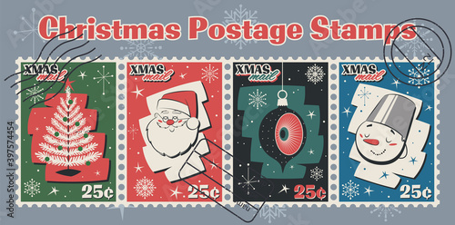 Christmas Postage Stamps, Winter Season's Postal Set, Snowman, Santa Claus, Christmas Tree and Decorations 