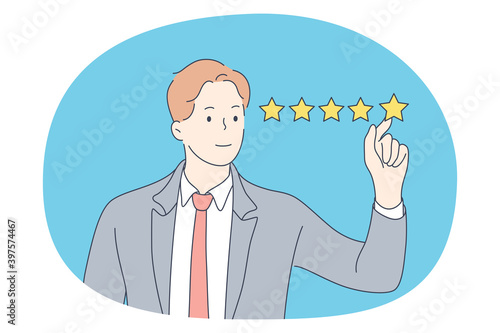 Excellent rating, perfect service and customer feedback concept. Smiling businessman standing and showing five star excellent rating with his client experience on blue background vector illustration 