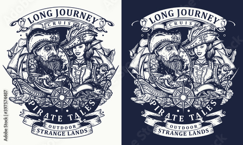 Old sea wolf, pirate girl and ships. Crime sailor woman portrait. Tattoo style. Cartoon character. Marine adventure t-shirt design. Symbol of ocean adventure, treasure island. One color art