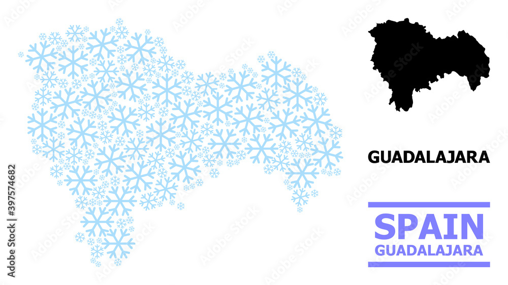 Obraz premium Vector mosaic map of Guadalajara Province combined for New Year, Christmas celebration, and winter. Mosaic map of Guadalajara Province is composed from light blue snow items.