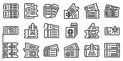 Airline tickets icons set. Outline set of airline tickets vector icons for web design isolated on white background