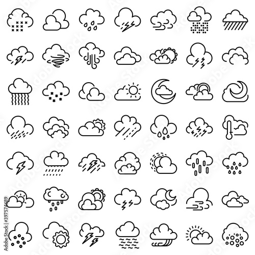Cloudy weather icons set. Outline set of cloudy weather vector icons for web design isolated on white background