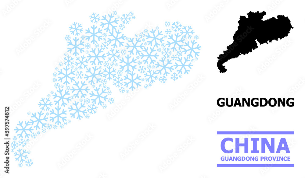 Vector collage map of Guangdong Province constructed for New Year, Christmas celebration, and winter. Mosaic map of Guangdong Province is designed with light blue snow items.