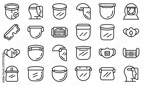 Face shield icons set. Outline set of face shield vector icons for web design isolated on white background