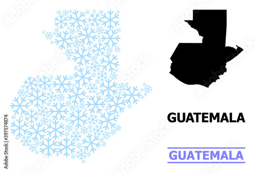 Vector collage map of Guatemala organized for New Year, Christmas celebration, and winter. Mosaic map of Guatemala is organized with light blue snow elements.